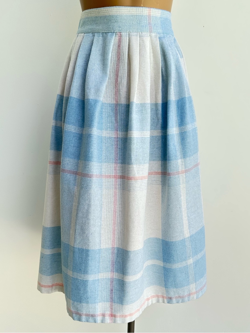 Vintage Baby Blue Plaid Midi Wool Skirt - Women's Elastic Waist